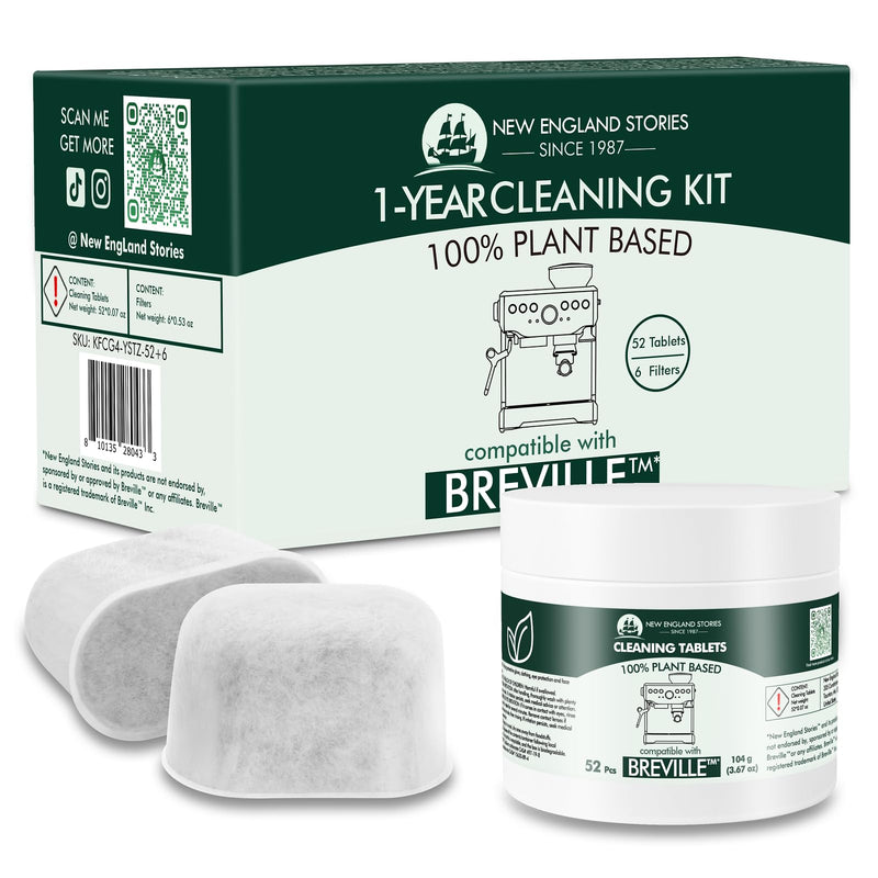 [Australia - AusPower] - New England Stories Breville Compatible Espresso Machine Water Filter Knit, 1 Year Espresso Clean Maintenance Kit, Includes 52 Cleaning Tablets & 6 Water Filter 