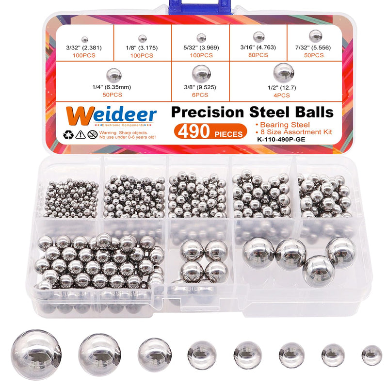 [Australia - AusPower] - weideer 490pcs 8 Sizes Bicycle Bearing Balls Metal Mixing Balls Assortment Kit 1/2" 3/8" 1/4" 7/32" 3/16" 5/32" 1/8" 3/32" Precision Steel Balls 