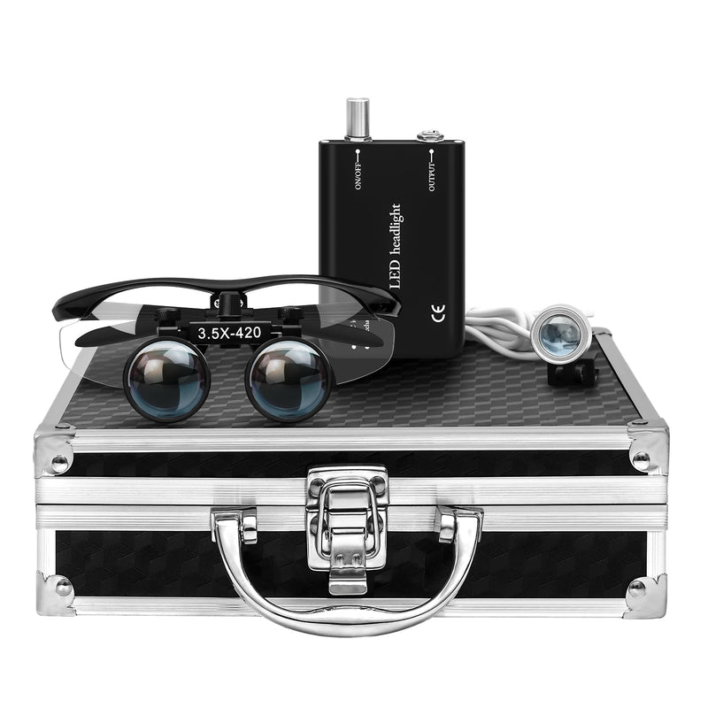 [Australia - AusPower] - 3.5 X 420mm Binocular Loupes Magnifier Glasses with LED Head Light+Aluminum Box Silver, Premium Optics Delivers Clear Imaging 