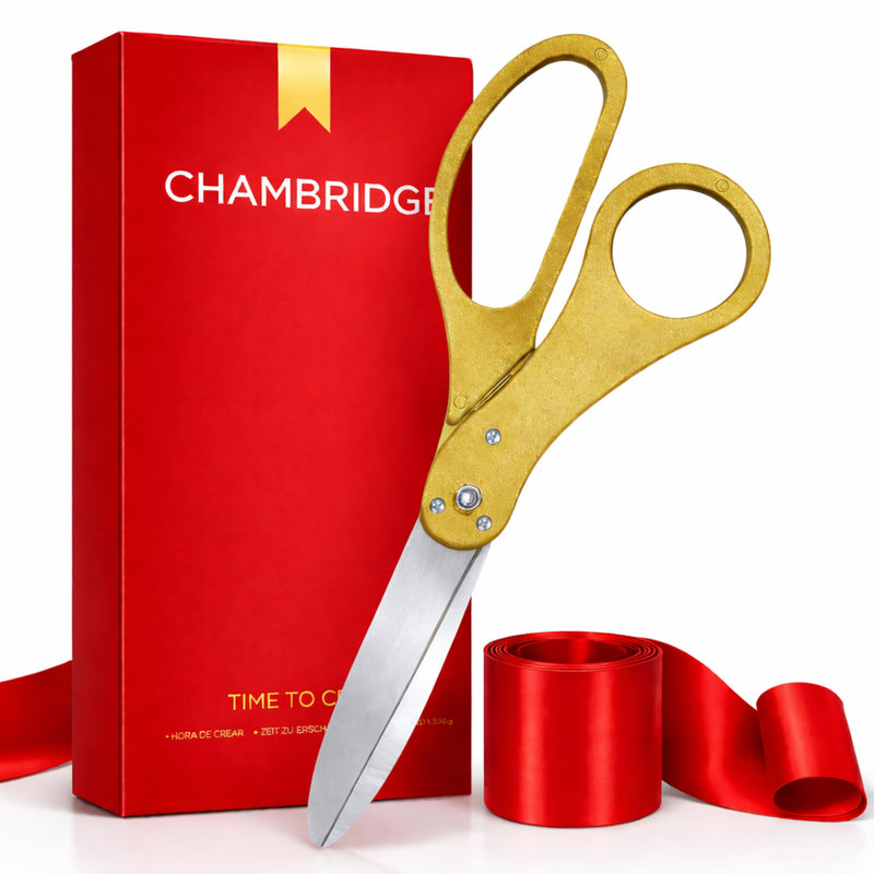 Grand Opening Ceremony Kit– 20 Inch Giant Scissors Gold with Red Ribbon for Inaugurations and Ceremonies Large Ceremonial Scissors for Ribbon Cutting Grand Opening Ribbon and Scissor for Special Event Gold Scissors + Red Ribbon