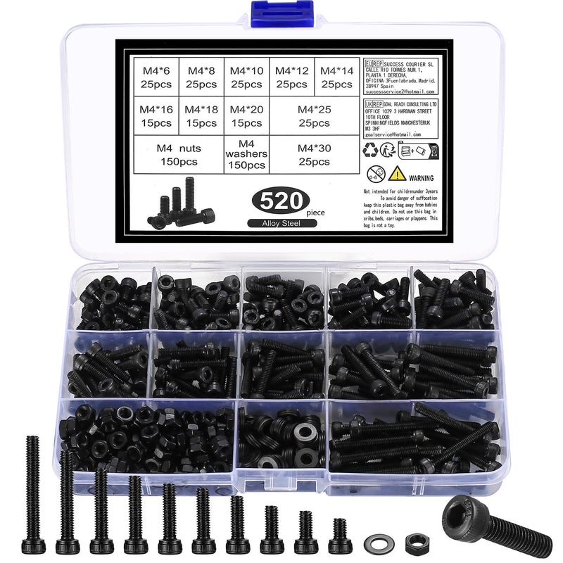 [Australia - AusPower] - M4 Hex Socket Head Cap Screws Bolts and Nuts and Washers Assortment Kit, 520 Pcs Metric Allen Hex Socket Drive Screws Bolts, 12.9 Grade Alloy Steel, Black Oxide Finish, Fully Threaded M4-520 B 