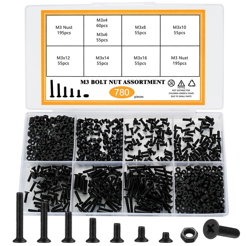 [Australia - AusPower] - Countersunk Head Phillips Screws and Hex Nuts Assortment Kit, 780 Pcs Flat Head Machine Screws Bolts and Nuts Set, M3 x 4mm/6mm/8mm/10mm/12mm/16mm/20mm, Black (A) M3-780 