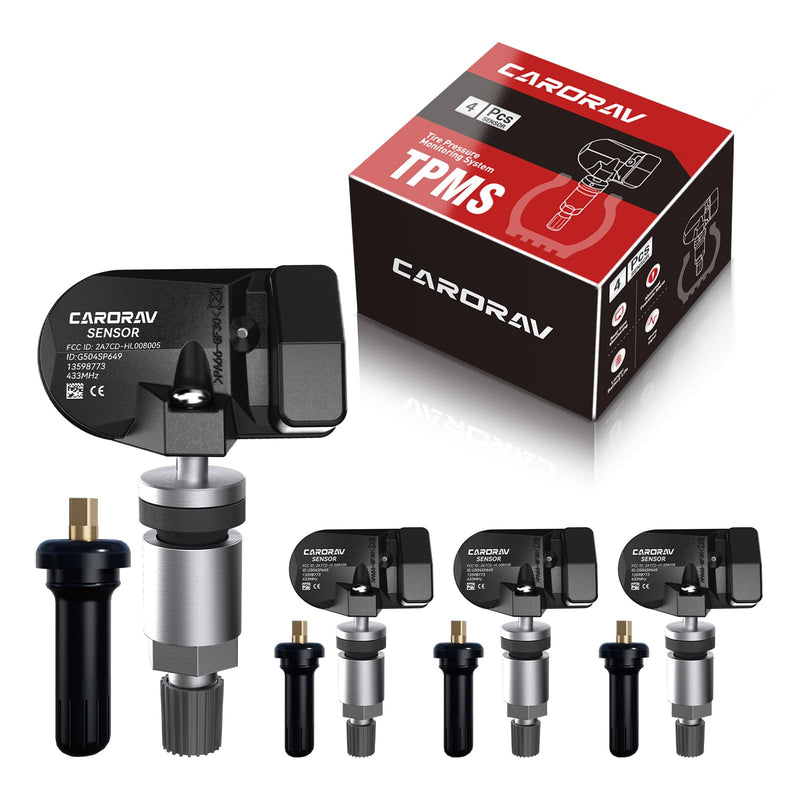 CARORAV GM Tire Pressure Monitoring System Sensor fit for Chevy Silverado Malibu GMC Cadillac Buick, 433MHz TPMS Sensor Replaces 13598773 13512347 13516165 4 Pack - 4 Replaceable Valve Stems