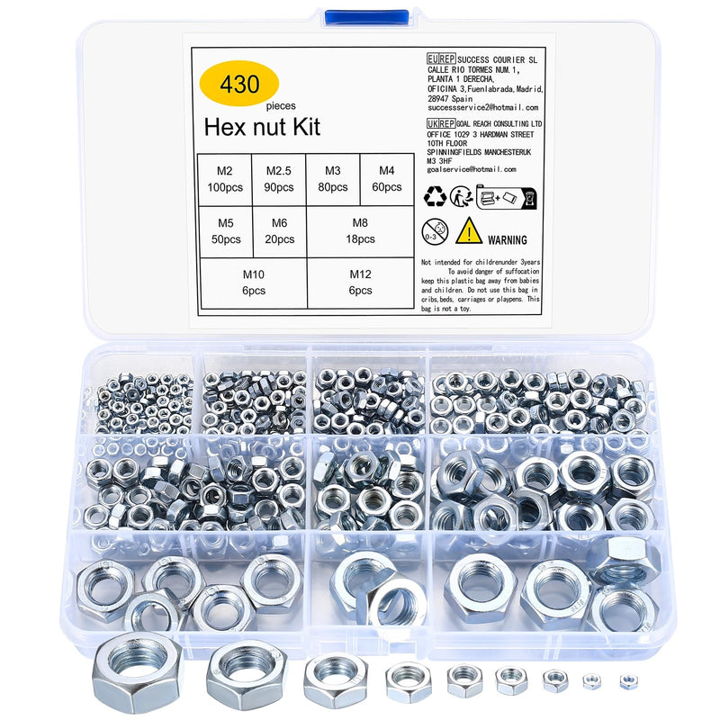 [Australia - AusPower] - Metric Hex Nuts Assortment Kit, 430 Pcs Stainless Steel Hex Nuts Set, Hex Hardware Nuts, Coarse Thread Hexagon Nuts for Screw Bolts, M2 M2.5 M3 M4 M5 M6 M8 M10 M12 