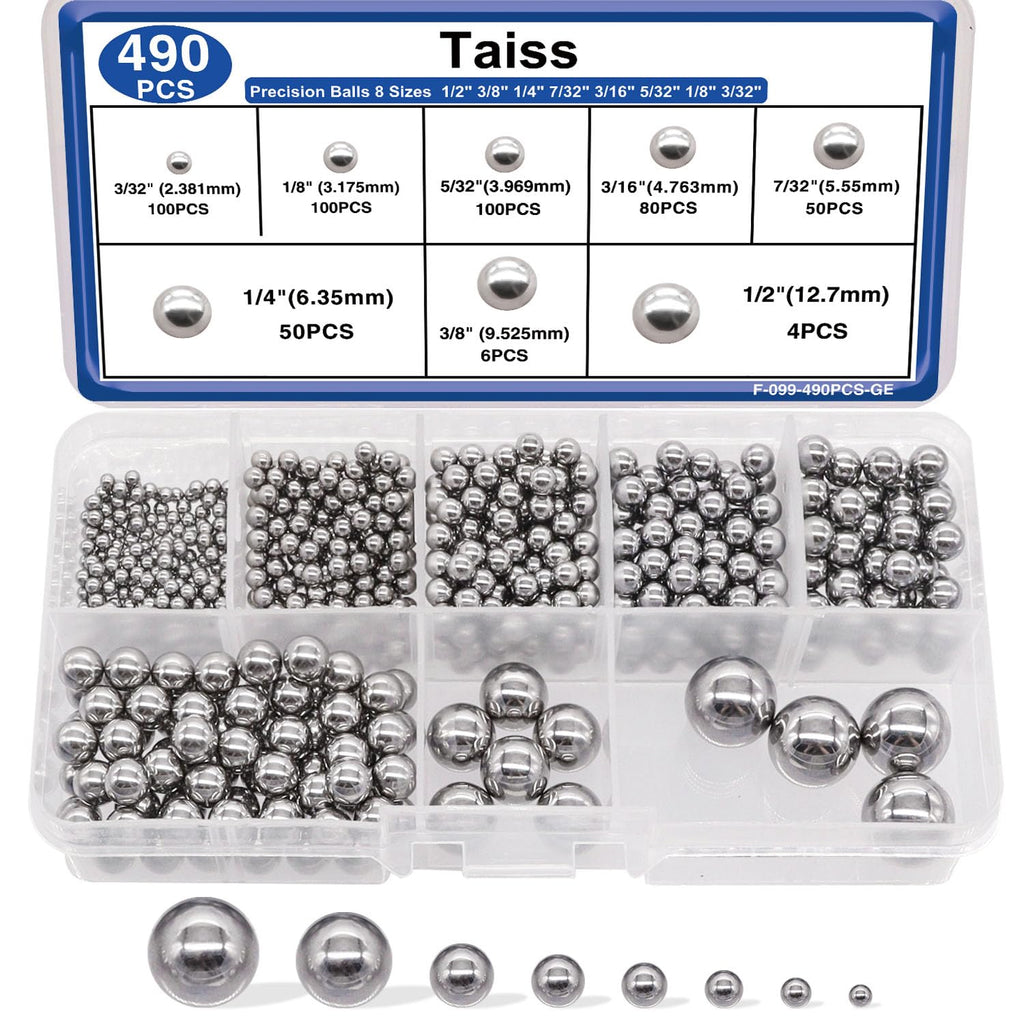 Taiss 490PCS Precision Balls 8 Sizes 1/2" 3/8" 1/4" 7/32" 3/16" 5/32" 1/8" 3/32" Precision Steel Ball Assortment Kit,Metal Balls F-099-490PCS-GE