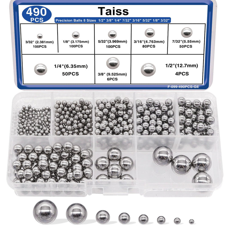 Taiss 490PCS Precision Balls 8 Sizes 1/2" 3/8" 1/4" 7/32" 3/16" 5/32" 1/8" 3/32" Precision Steel Ball Assortment Kit,Metal Balls F-099-490PCS-GE