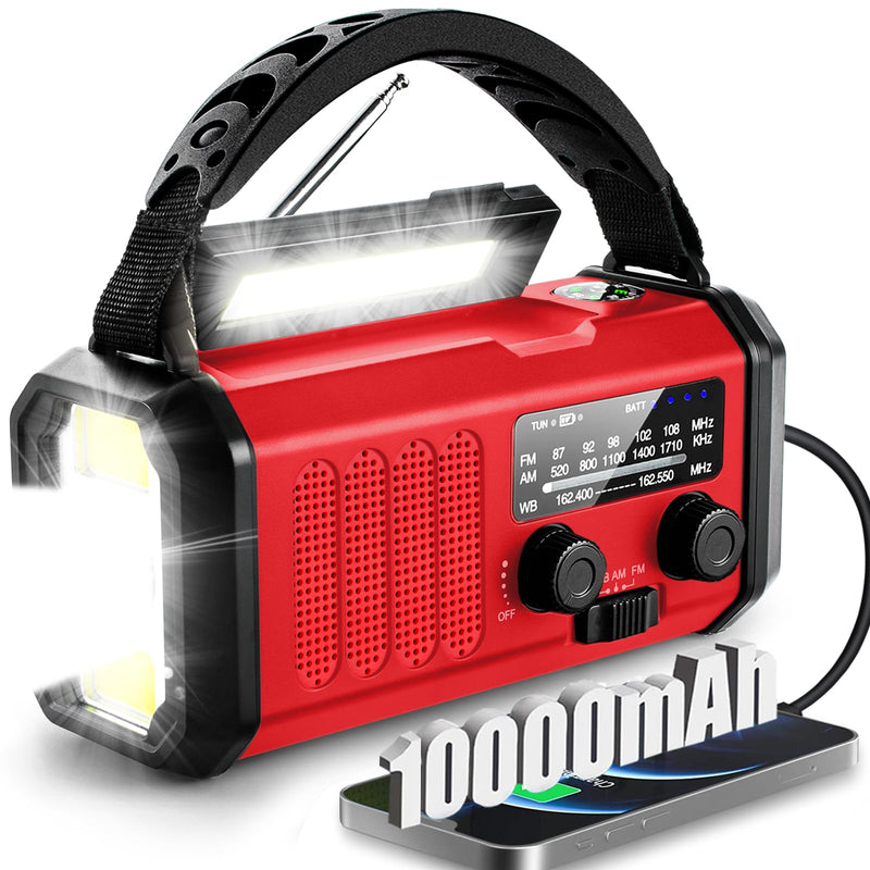 [Australia - AusPower] - Emergency Weather Radio, 10000mAh /37000mWh Crank Radio, Portable NOAA/AM/FM Weather Radio, Reading Light, Solar Radio, SOS Emergency Flashlight, Multiple Power Sources,for Hurricanes and Emergencies Red 