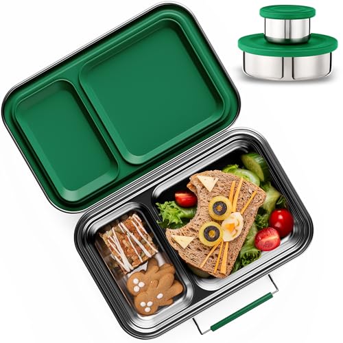 AOHEA Stainless Steel Lunch Box for Kids, Leak Proof Bento Lunch Box BPA Free 304 Stainless Steel Bento Box Stainless Bento Box with Containers for School and Office(Green) Green