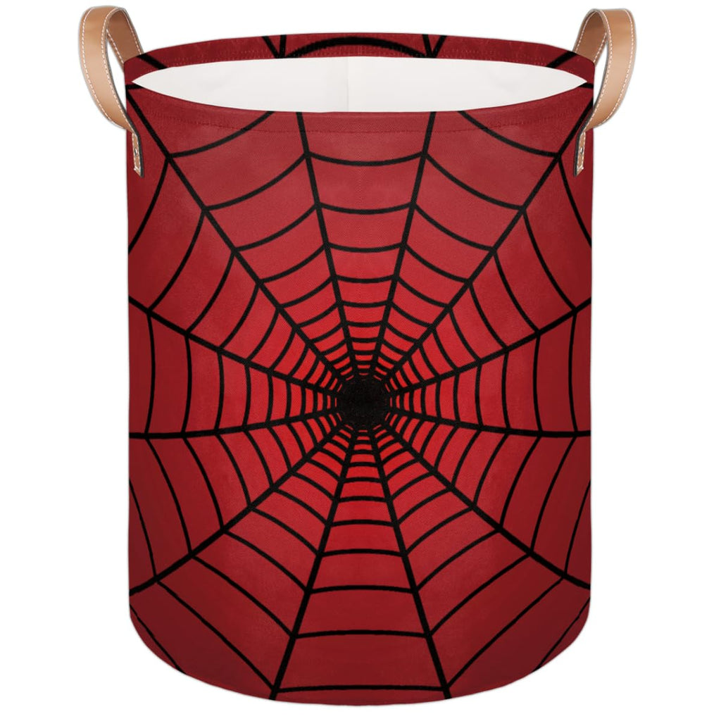 [Australia - AusPower] - Large Laundry Hamper Basket Red Spider Web Round Freestanding Clothes Basket, Collapsible Storage Organizer Bin with Leather Handles for Dirty Clothes Toys, Nursery Home Storage 16"W x 20"H 