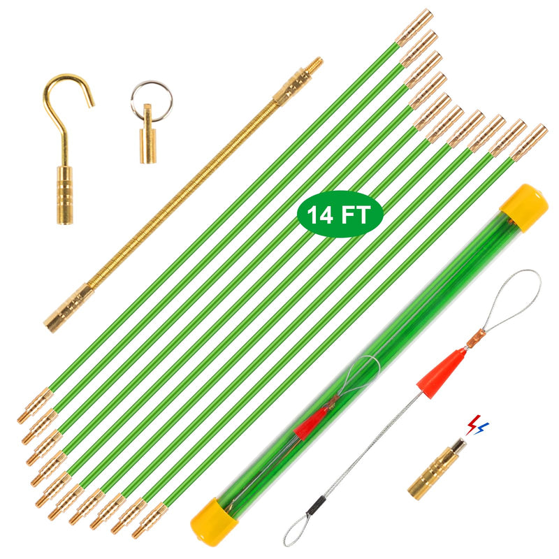 [Australia - AusPower] - 14FT Wire Fish Tool Electrical Wire Snake Fish Tape Fish Rods, Bright Green Wall Wire Fishing Tool Glow Rods Wire Pulling with 5 Different Attachments in a Carrying Case 