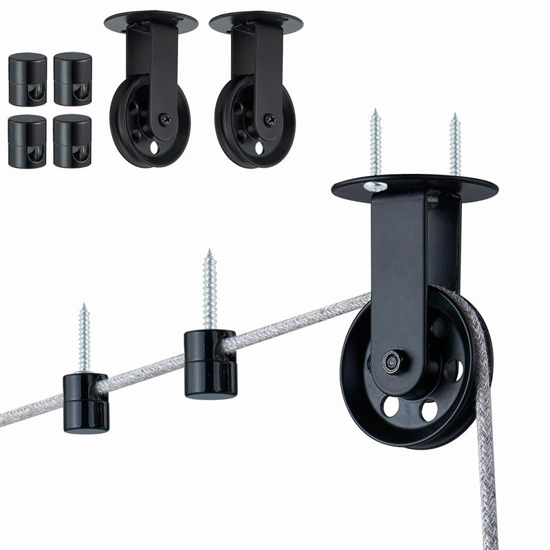 [Australia - AusPower] - Black Pulley Wheels Set of 2 for Plug in Pendant Light Fixture, Swag Hook for Pendant Lighting Chandelier Ceiling Lights Cable, Wall Ceiling Mount Pulley Lamp Hook for Hanging Lamp Ceiling Fan Light Black 