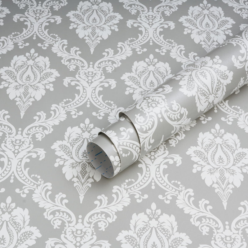[Australia - AusPower] - Micpolo Peel and Stick Wallpaper Grey and White Contact Paper for Cabinets and Drawers Damask Wallpaper Removable Grey Peel and Stick Wallpaper for Bedroom Bathroom Shelf Liner Wall Decor 17.7"Ã—78" 17.7"X78" 