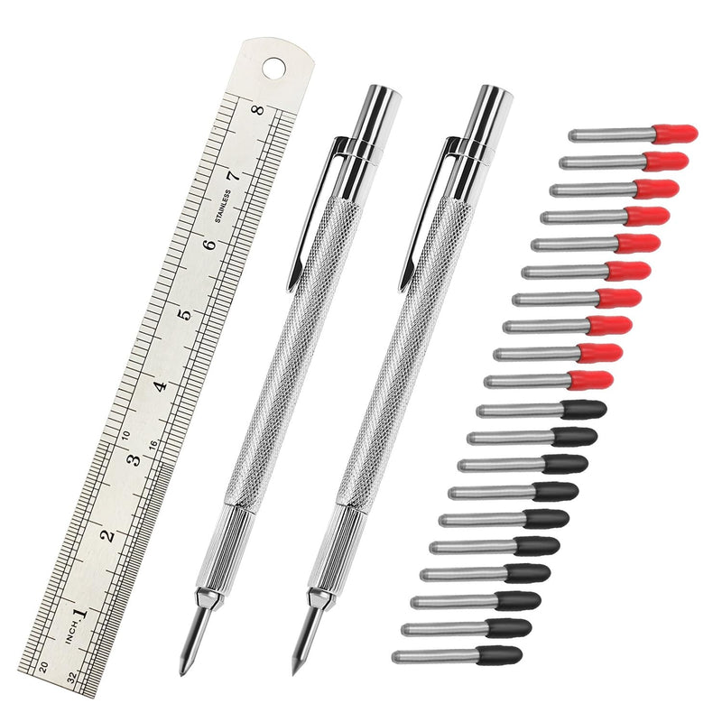 [Australia - AusPower] - guti-more GUTIMORE 2 Pack Tungsten Carbide Scriber with Magnet,with Extra 20 Replacement Marking Tips and 8Inches Ruler, Etching Engraving Pen for Glass/Ceramics/Metal Sheet 