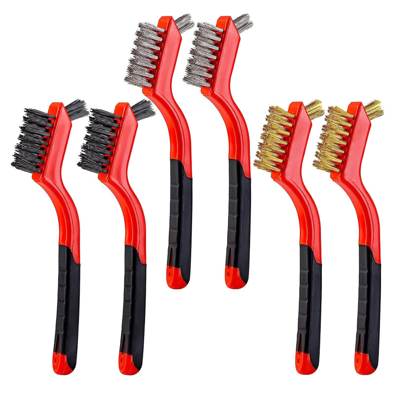 [Australia - AusPower] - 6Pcs Mini Wire Brush Set, Stainless Steel/Brass/Nylon Bristles Wire Brushes, Curved Handle Soft Grip for Rust, Dirt & Paint Scrubbing with Deep Cleaning – 7 Inches (Red) 6Pcs Red Mixed Brushed 