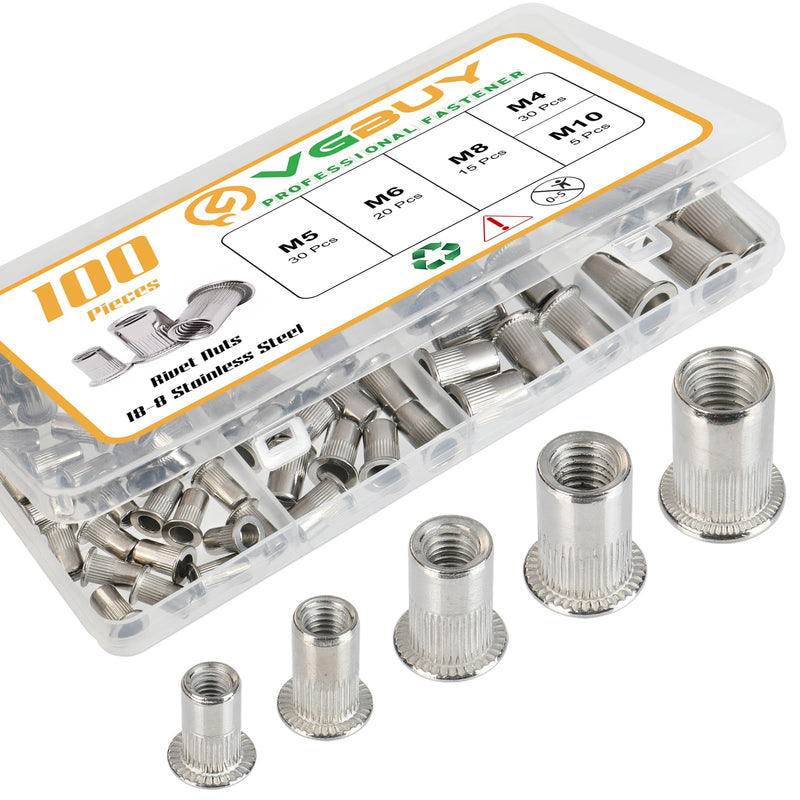 [Australia - AusPower] - 100Pcs Metric Rivet Nut Kit, Rivet Nuts Assortment M4 M5 M6 M8 M10, 304 Stainless Steel Rivnut, Flat Head Threaded Insert Nut, Knurled Body (VG30529) Metric Kit-100 304 Stainless Silver 