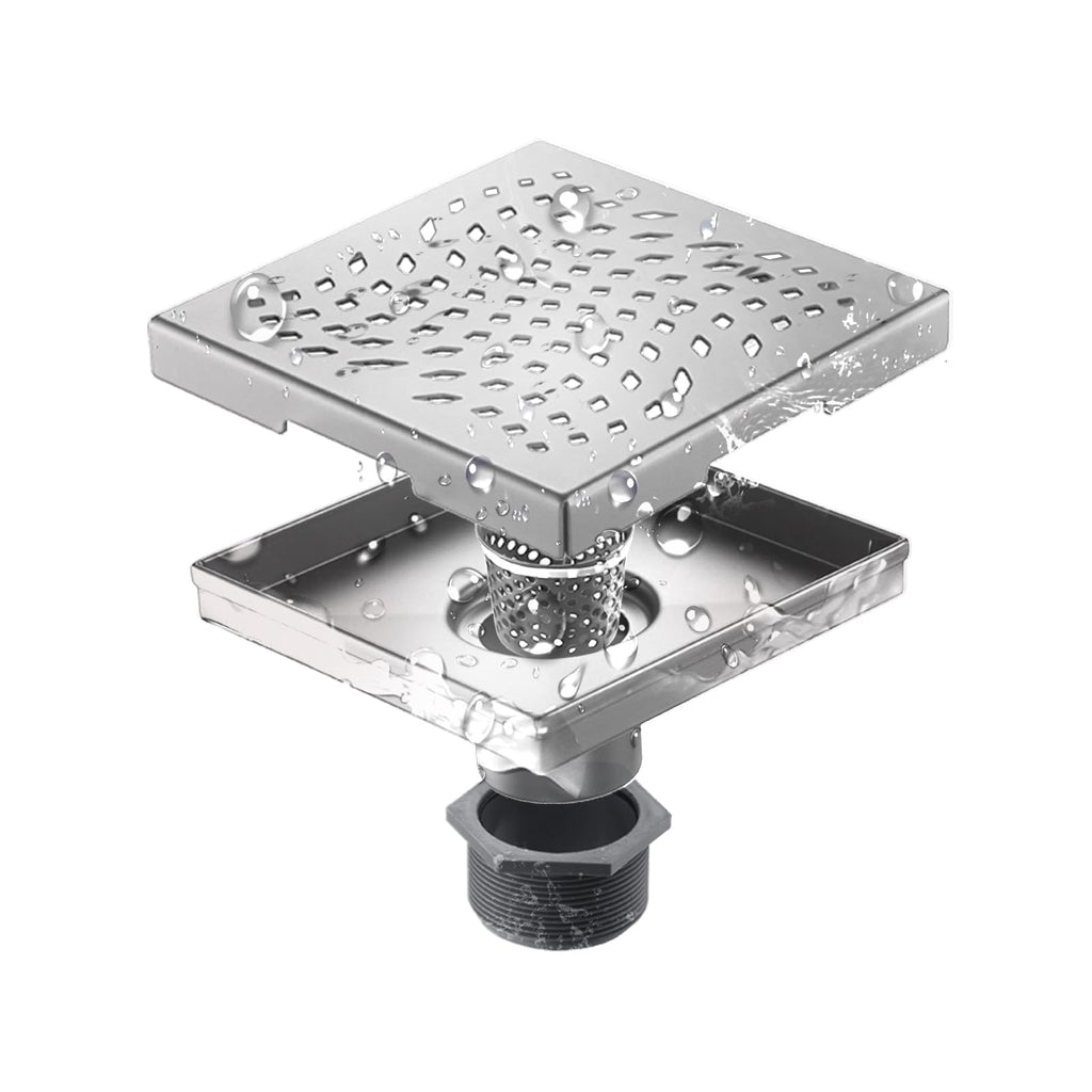 [Australia - AusPower] - 6 Inch Square Shower Floor Drain with Flange,Quadrato Pattern Grate Removable,Food-Grade SUS 304 Stainless Steel (silver6x6) Silver6x6 