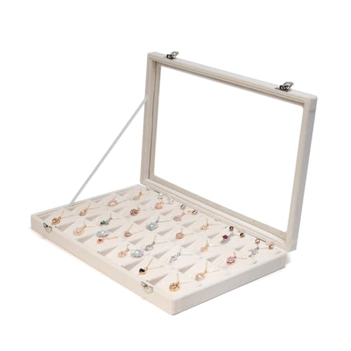 Jewelry Box Necklace Organizer Tray (Beige) Necklace Display Case for Storage Jewelry Necklaces Display Stand 24 Slot Pendant Holder for Women Necklace display Case with Glass Lid 24 Slot Beige