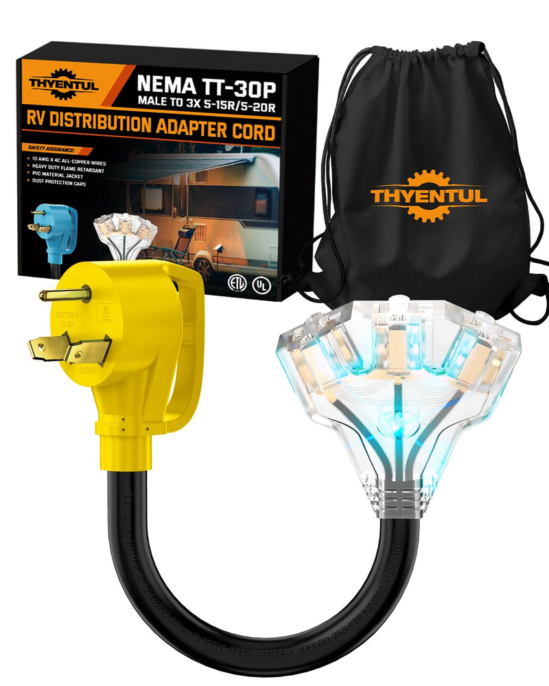 [Australia - AusPower] - 30 amp to 20 amp Adapter 110 RV Distribution NEMA TT-30P Male to 3X 5-20R Household Outlet Female with Dust Protection Caps - Yellow TT-30P/3X5-20R ï¼ˆYellowï¼‰ 