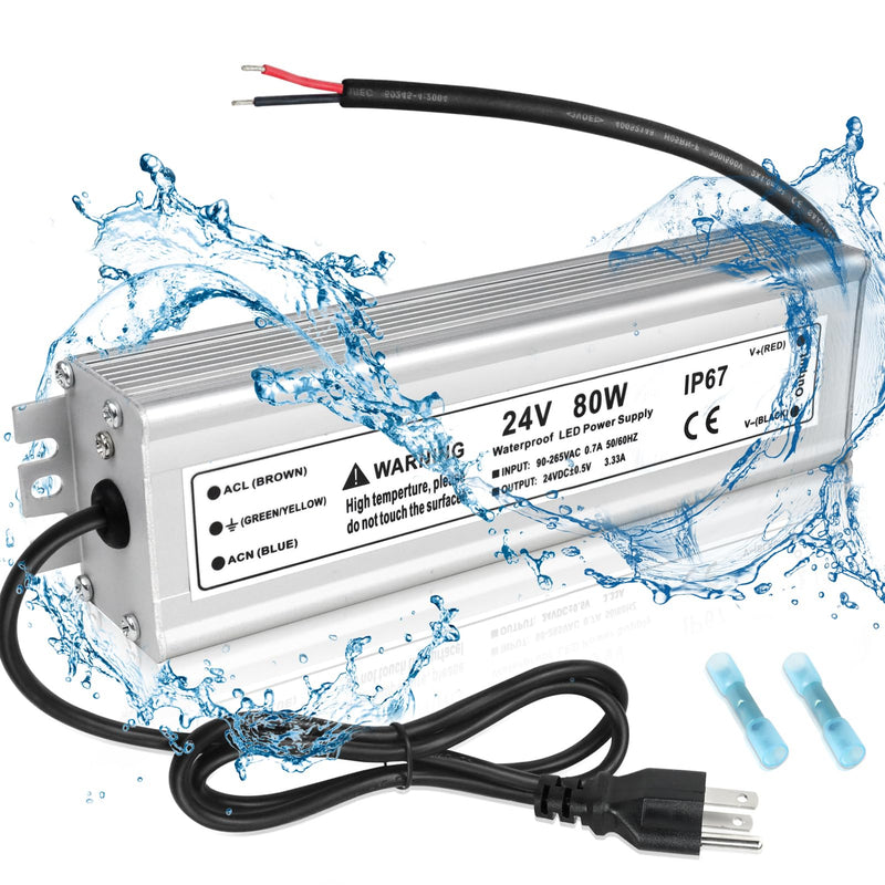[Australia - AusPower] - 24V LED Power Supply, 3.3A 80W LED Driver Waterproof IP67, 90-265V AC to 24V DC Power Supply Converter, LED Low Voltage Transformer for LED Lights Indoor Outdoor Use 