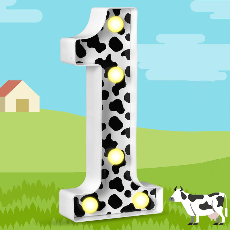 [Australia - AusPower] - VIHOSE Cow Print LED Numbers Birthday Decorations Decorative Light up Number Sign for Party Lighted Numbers Centrepiece for Cowgirl Farm Animal Cow Themed Birthday Party Supplies Home Decor(Number 1) Number 1 