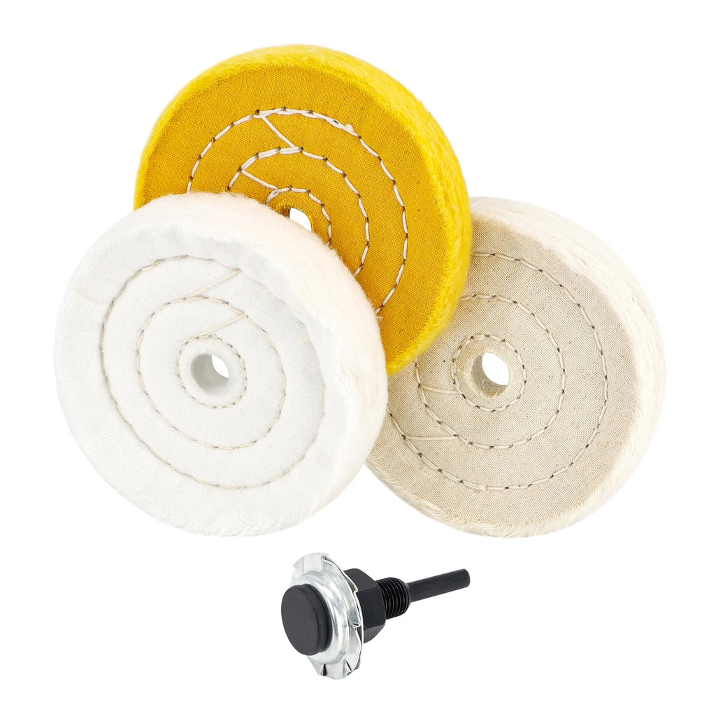 SCOTTCHEN 4" Buffing Polishing Wheel with 1/4" Handle for Drill, 1/2" Arbor Hole,Fine Cotton (50Ply),Ultra Fine Cotton(30 Ply)?Treated Yellow Cotton (38 Ply) -3pcs 3pcs