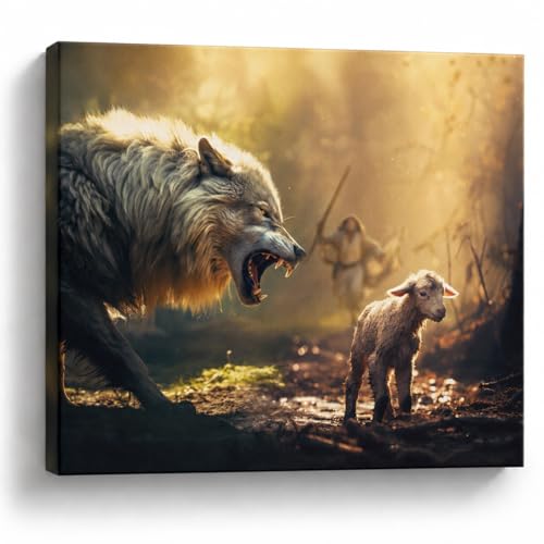Jesus and Lamb Canvas Wall Art, Wolf and Lamb, Christian Decor, 12 x 16 Wolf & Lamb 12"L x 16"W