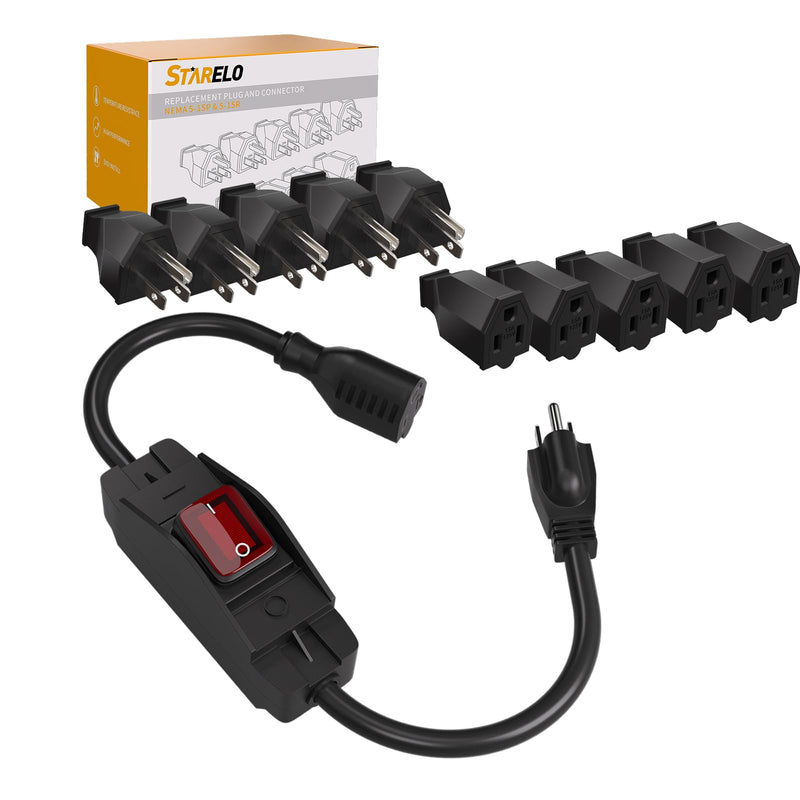 [Australia - AusPower] - STARELO 1.5FT Extension Cord with Waterproof Switch + NEMA 5-15P & 5-15R 5SET(Black). 