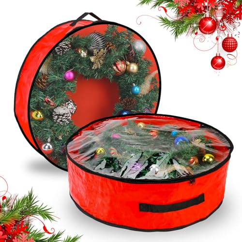 Pwsap 2 Pack Christmas Wreath Storage Container - 36 Inch, Garland Storage, Christmas Large Wreath Storage Container Cover, Durable Tarp Material, Dual Zipper Storage Bag for Xmas Holiday, Red 36inch