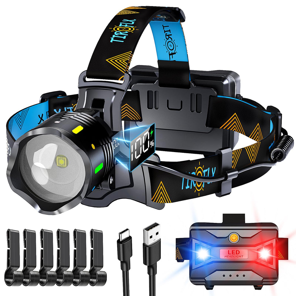 [Australia - AusPower] - 160,000LM Brightest 10 Kind Modes Headlamp Red Blue Warning & Energy Saving, 90H Battery Standby & Zoom LED Head Lamp, IP68 Waterproof & 90Â°Adjustable Head light for Outdoor Camping Hiking Hunting 