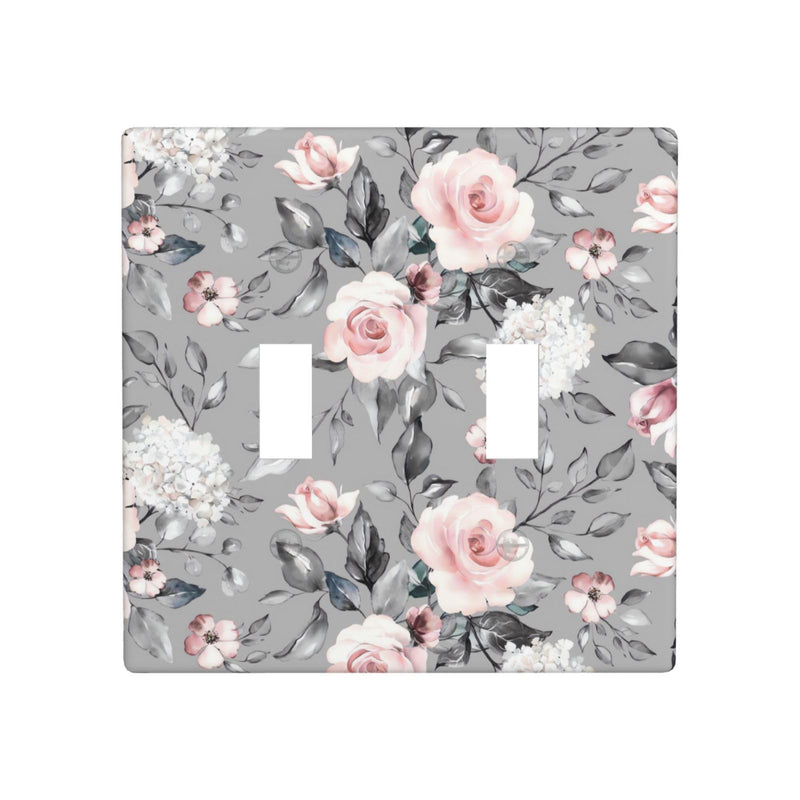 [Australia - AusPower] - LWDZLHD Rose Flowers Light Switch Cover 2 Gang Double Toggle Pink Floral Grey Leaves Decorative Electrical Wall Plate Switchpalte Outlets Faceplate for Bathroom Kitchen Bedroom Home 4.5" x 4.5" Pink Flowers Floral 