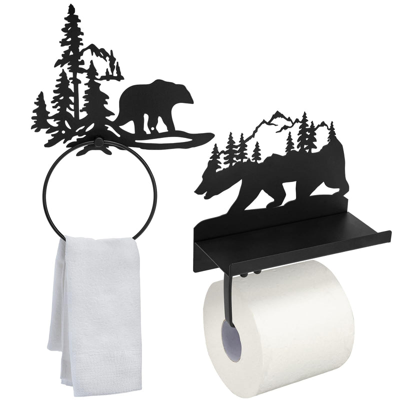 [Australia - AusPower] - Funrous 2 Pcs Bear Toilet Paper Holder Bear Towel Ring Holder for Bathroom, Black Bear Cabin Decor Bear Bathroom Towel Holders with Shelf Wall Mount Forest Farmhouse Towel Rack for Bathroom Kitchen 