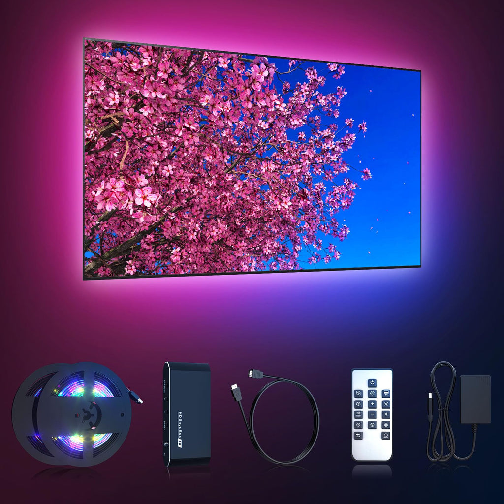 [Australia - AusPower] - PWAYTEK Colorful TV LED Backlight with HDMI 4K60Hz Sync Box,for 55-65 inch Tvs, 6.56ft RGB led Strip Lights Sync to Screen& Music, Color Changing LED Lights for TV, PC, Game,Remote Control 