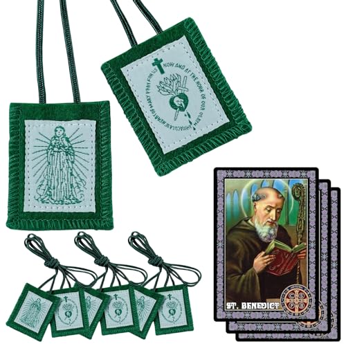 Scapulars Catholic, 3-Pack Green Scapular of Immaculate Heart of Mary, Escapularios Catolicos, Religious Gift for Women, Includes Blessed Saint Benedict Prayer Card 3 Pack