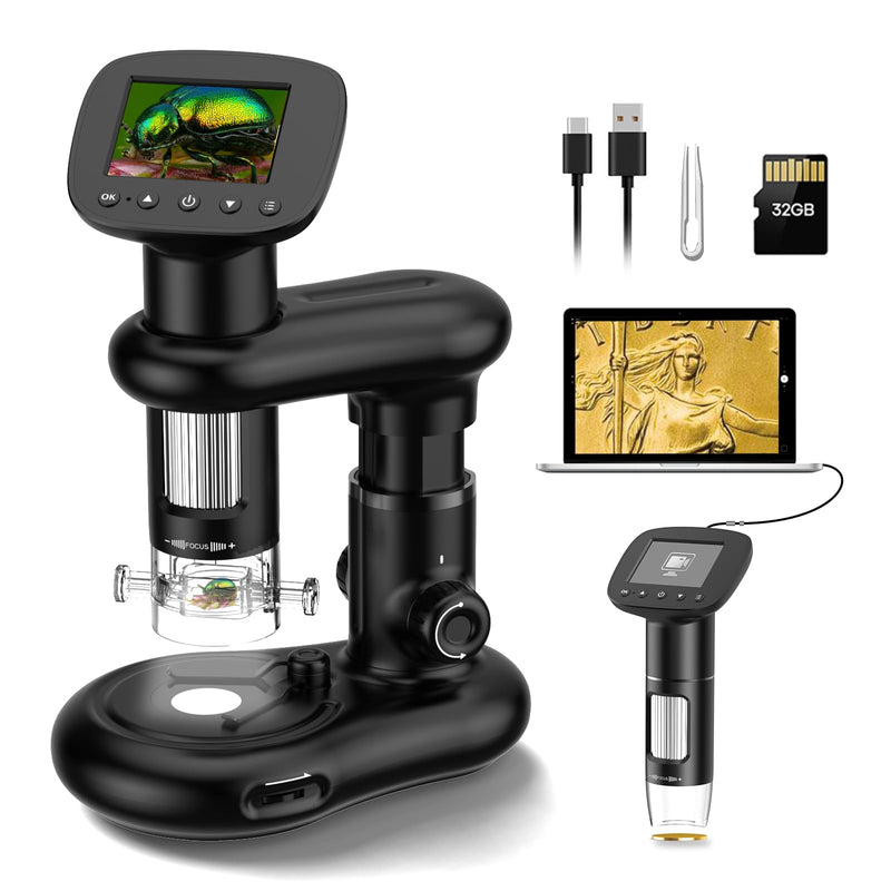 [Australia - AusPower] - Kids Microscope for Ages 8-12, Handheld Digital Microscope D-MS1 with 2" IPS Screen - Take Pictures & Videos - Download to PC & Mac - 1000X Pocket Microscope, Used Birthday for Kids black-B 