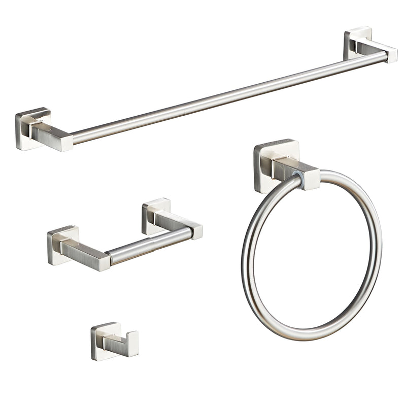 Brushed Nickel Bathroom Hardware Set 4 Pieces,Bathroom Accessories Set Stainless Steel Wall Mounted, Hand Towel Bar, Towel Ring, Robe Towel Hooks,Toilet Paper Holder,Towel Bar Set, 23.6 Inch Brushed Nickel 23.6Inch