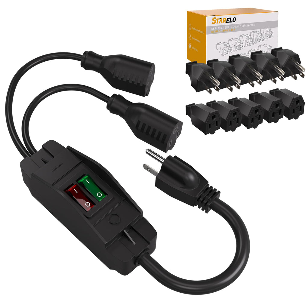 [Australia - AusPower] - STARELO 1.6FT 2Way Extension Cord with Switch + NEMA 5-15P & 5-15R 5SET(Black). 