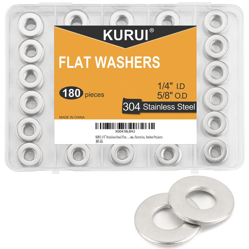 [Australia - AusPower] - KURUI 1/4" stainless steel Flat washers, (180 Pcs) Metal Washers for Screws Bolts, 5/8" OD 18-8 (304) Washer for Various Home, Factories, Outdoor Projects - SAE 1/4*5/8-180Pcs 