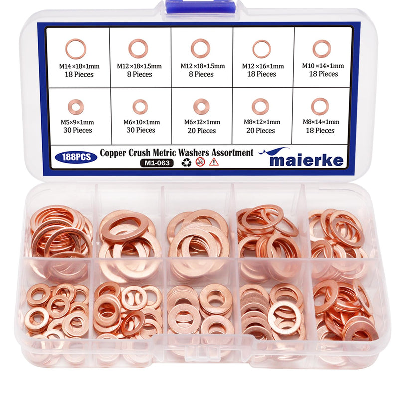 [Australia - AusPower] - 188PCS 9 Sizes Metric Copper Crush Washers Assortment Kit Flat Ring Sealing Washer M5 M6 M8 M10 M12 M14 