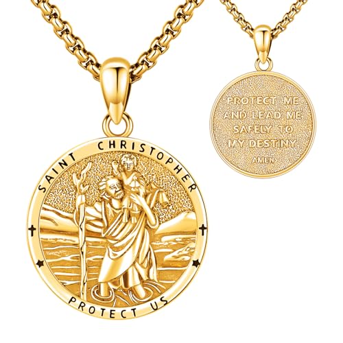Eusense Saint Necklace Sterling Silver 925 Protection Jewelry for Men Women Patron St Medals Amulet Pendant Gold E-St Christopher