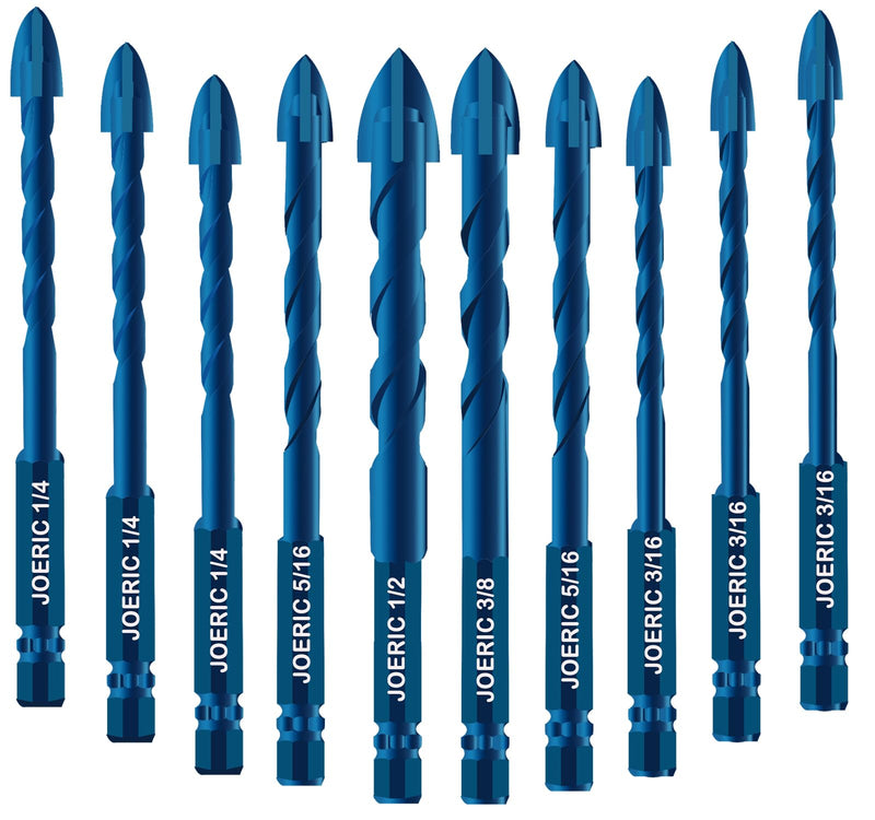 [Australia - AusPower] - JOERIC Masonry Drill Bit Set, 10 Pieces Concrete Drill Bits Set Ceramic Drill Bit Carbide for Ceramic Tile, Plastic, Wall, Brick, Cement, Concrete, Wood with Size 3/16â€ to 1/2â€(Blue) Blue 