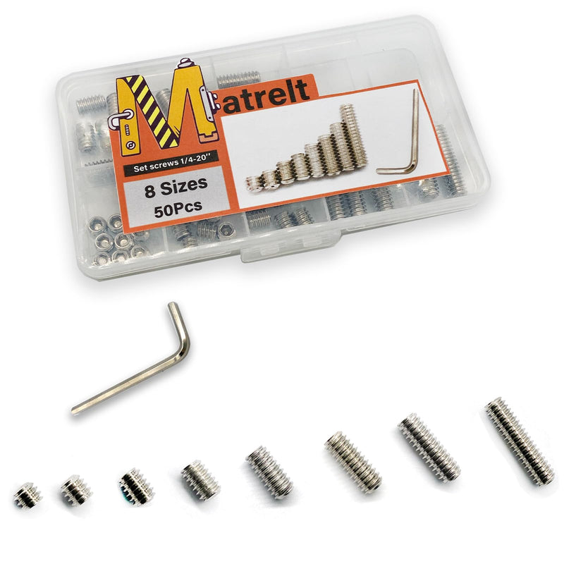 [Australia - AusPower] - 50pcs 1/4-20 8 Sizes Hex Socket Set Screws Assortment Kit, 304 Stainless Steel Cup Point Grub Screw for Bathroom Fixtures Door Handles Stripper Pole Rack Screws Precision Instrument ets 1/4-8Size-50P-304Silver 