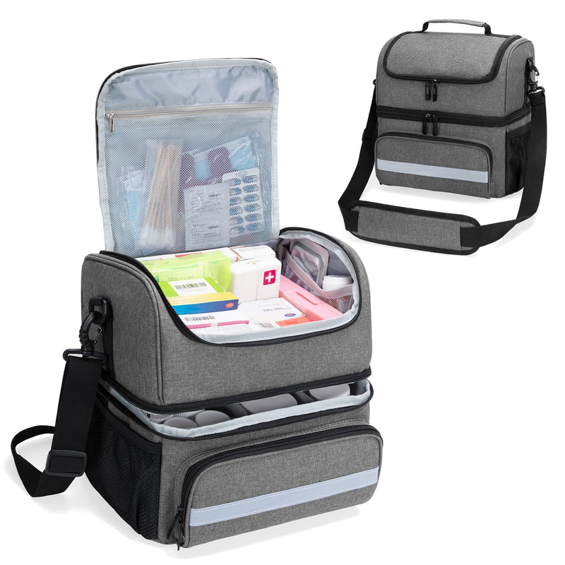 Curmio Double Layer Medical Bag, Travel Pharmacy Bag, Grey | Detachable shoulder strap, reflective strips, carrying handle, for medicine bottle/vitamins/medical supplies, emergency bag, empty, grey