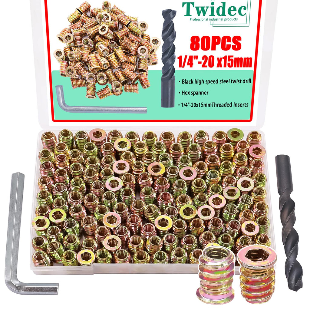 Twidec/80PCS 1/4"-20 Threaded Inserts for Wood Furniture Screw-in Nut Wood Inserts Bolt Assortment Kit with M6 Hex Wrench (1/4"-20 x15mm) N-059 1/4"-20 X15mm