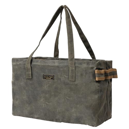 Kaaltisy army green 16oz waxed canvas tool tote bag with 8 pockets and metal support rods