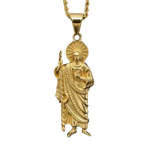 925 Sterling Silver Religious San Judas Tadeo Pendant Necklace 14K Yellow Gold Saint Jude Pendant cadena de san judas tadeo para hombre St San Judas Pendants Saint Jude Necklace for Women and Men 70cm