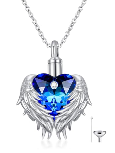 Angel Wing Urn Necklace for Ashes 925 Sterling Silver Amethyst Heart Cremation Necklace w/Funnel Filler Jewelry Gifts for Women