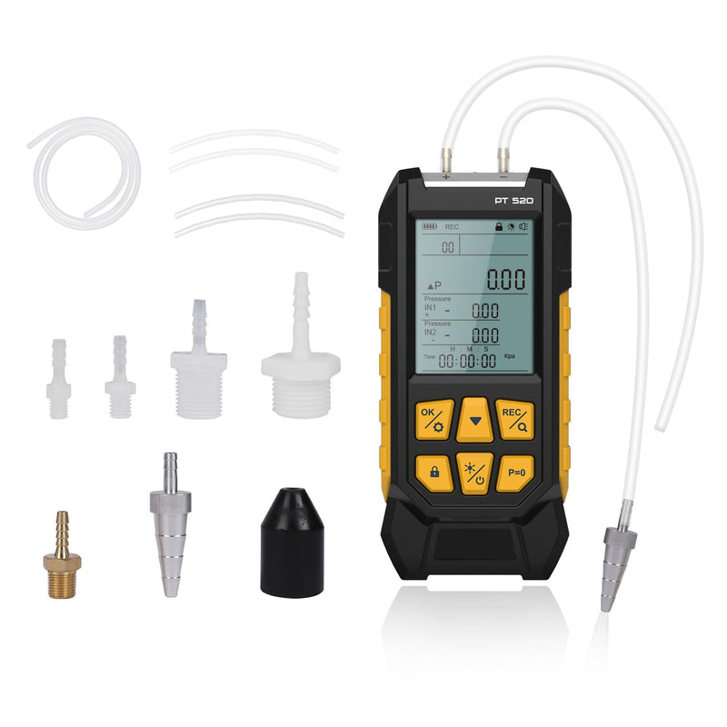 [Australia - AusPower] - PT520 Digital Manometer,Air and Gas Pressure Tester,Dual Port Air Pressure Meter,HVAC Gas Pressure Tester with 11 Selectable Units, Various Adapters, -100~200 Kpa 