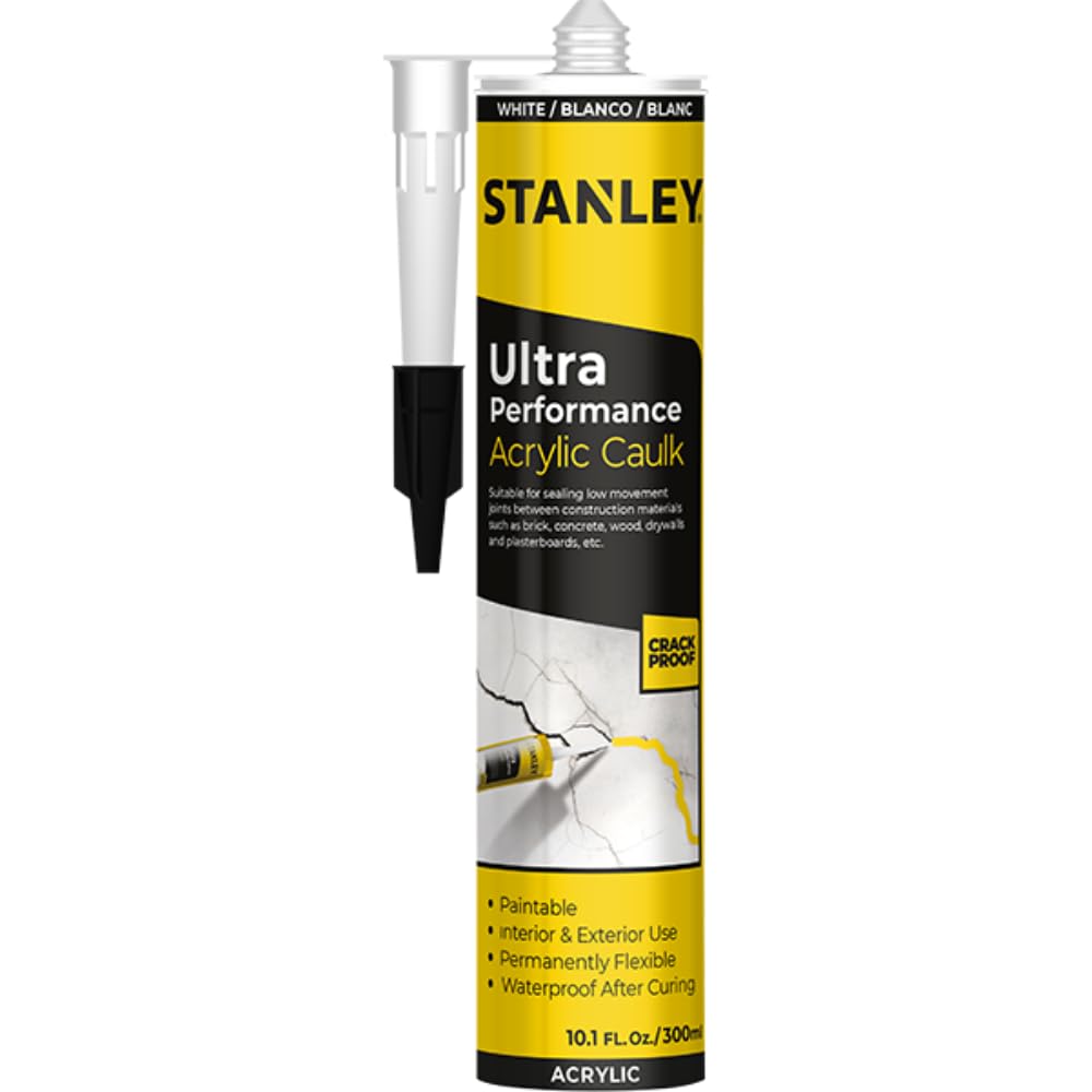 Stanley Ultra Performance Caulk Acrylic Sealant - Painters' Acrylic Latex Interior & Exterior Caulk for Cracks and Ceiling, Waterproof, White, 10.1 fl.oz. 1 Pack