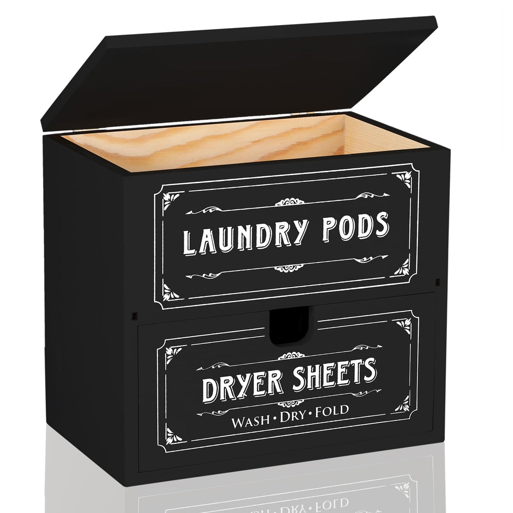 [Australia - AusPower] - Beeveer Farmhouse Dryer Sheet Holder with Hinged Lid, Rustic Wooden Dryer Sheet Dispenser and Laundry Pods Container, Laundry Sheet Storage Box Fabric Softener Dispenser for Room Laundry Decor, Black 