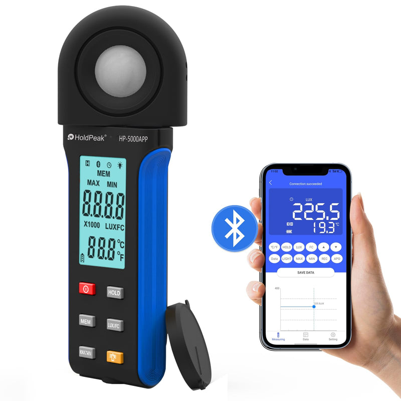 HoldPeak Illuminance Light Meter with Bluetooth, Digital Lux Foot Candles Meter 0.1~400,000 Lux with 270º Rotating Sensor, Lumen Meter Luxmeter for Plants, Car Headlights, Home & Office LEDs 5000APP-with APP Function